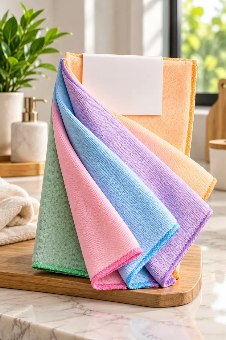 Limpiones de microfibra en colores surtidos sobre una tabla de madera